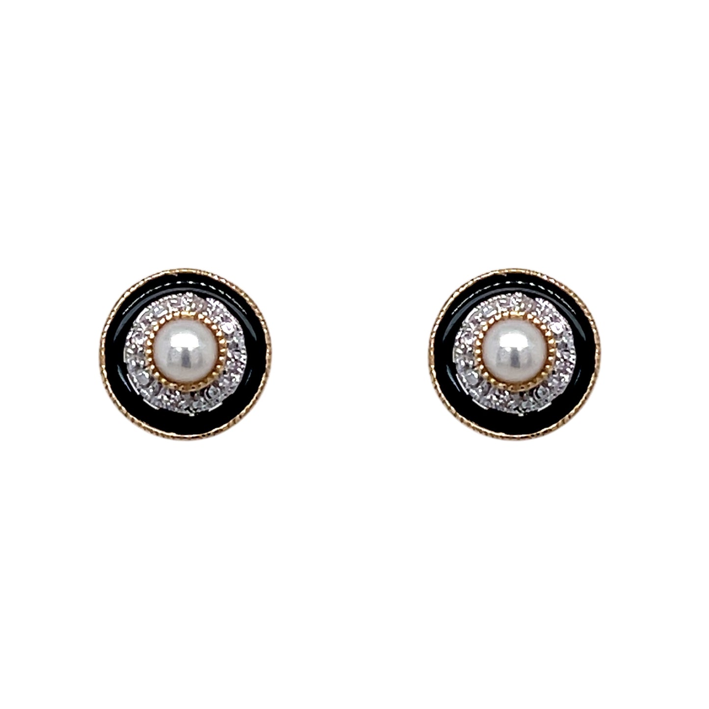 9ct Yellow Gold Pearl Onyx and Diamond Stud Earrings