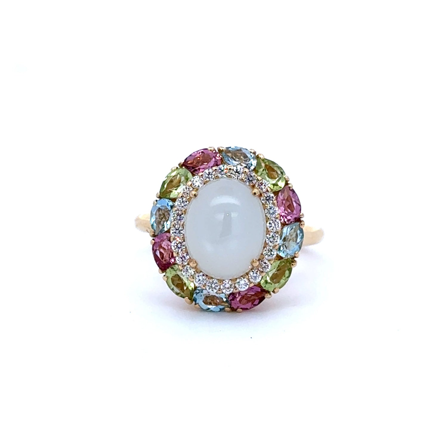 18ct Yellow Gold Moonstone, Aquamarine, Pink Tourmaline, Peridot and Diamond Ring