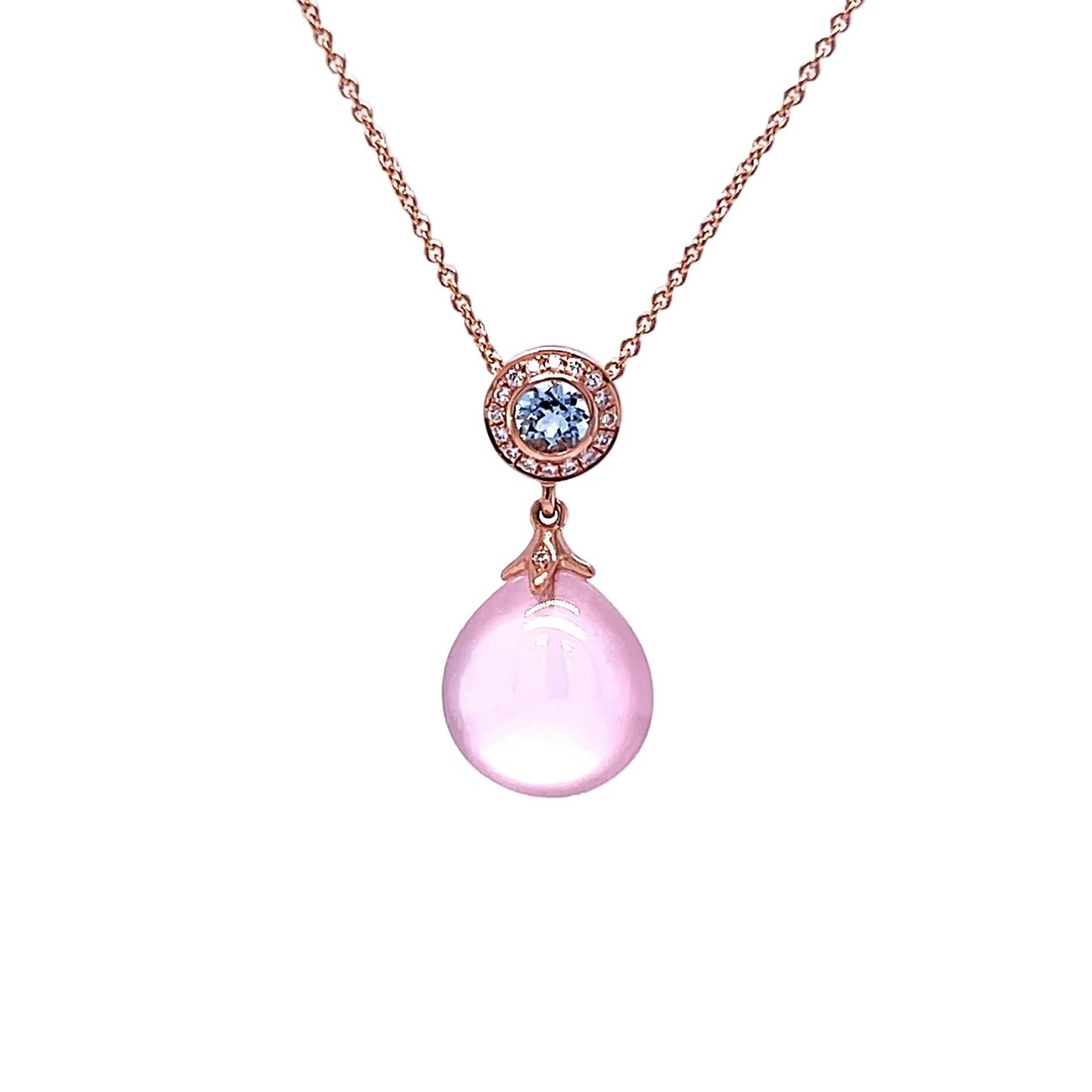 18ct Rose Gold Rose Quartz, Aquamarine and Diamond Pendant Necklace