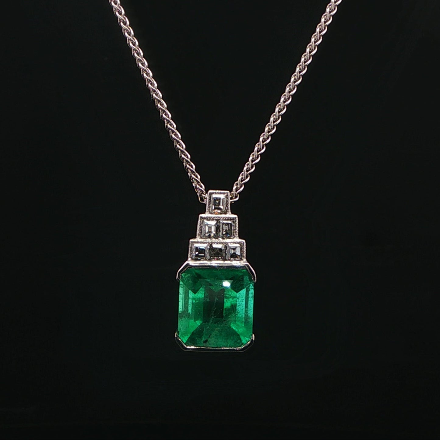 Art Deco-Style Platinum Emerald and Diamond Pendant