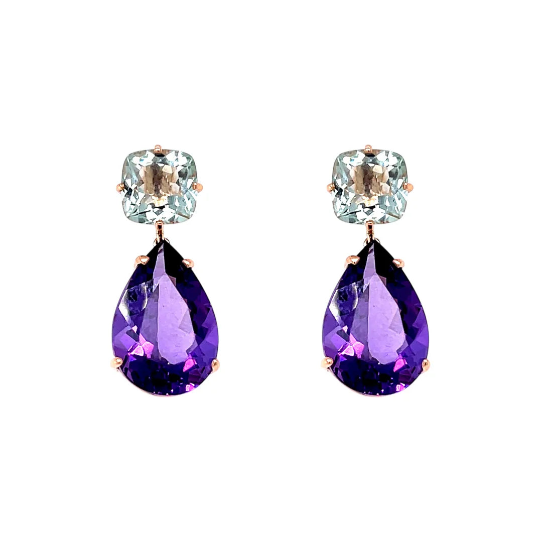 18ct Rose Gold Amethyst and Green Amethyst Drop Earrings