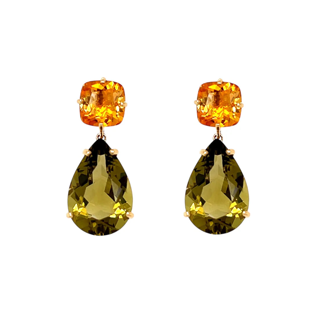 18ct Yellow Gold Olive Quartz and Citrine Drop Earrings
