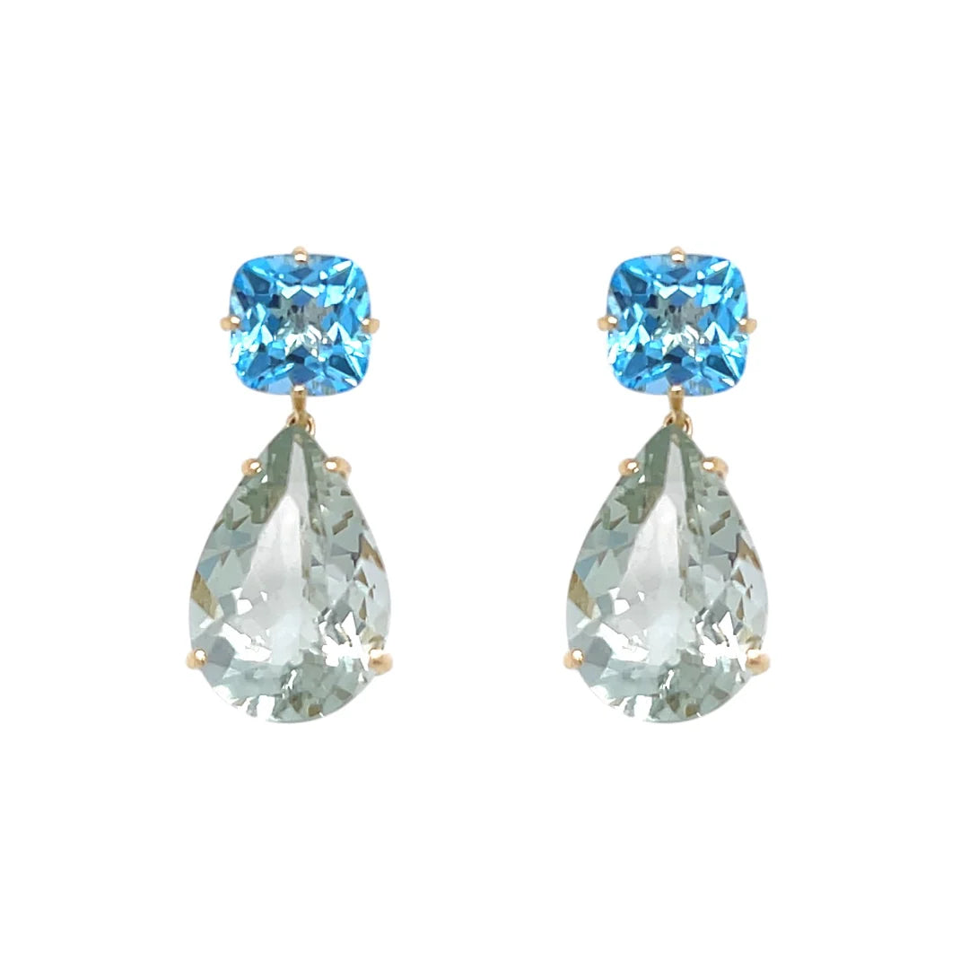 18ct Yellow Gold Green Amethyst and Blue Topaz Drop Earrings