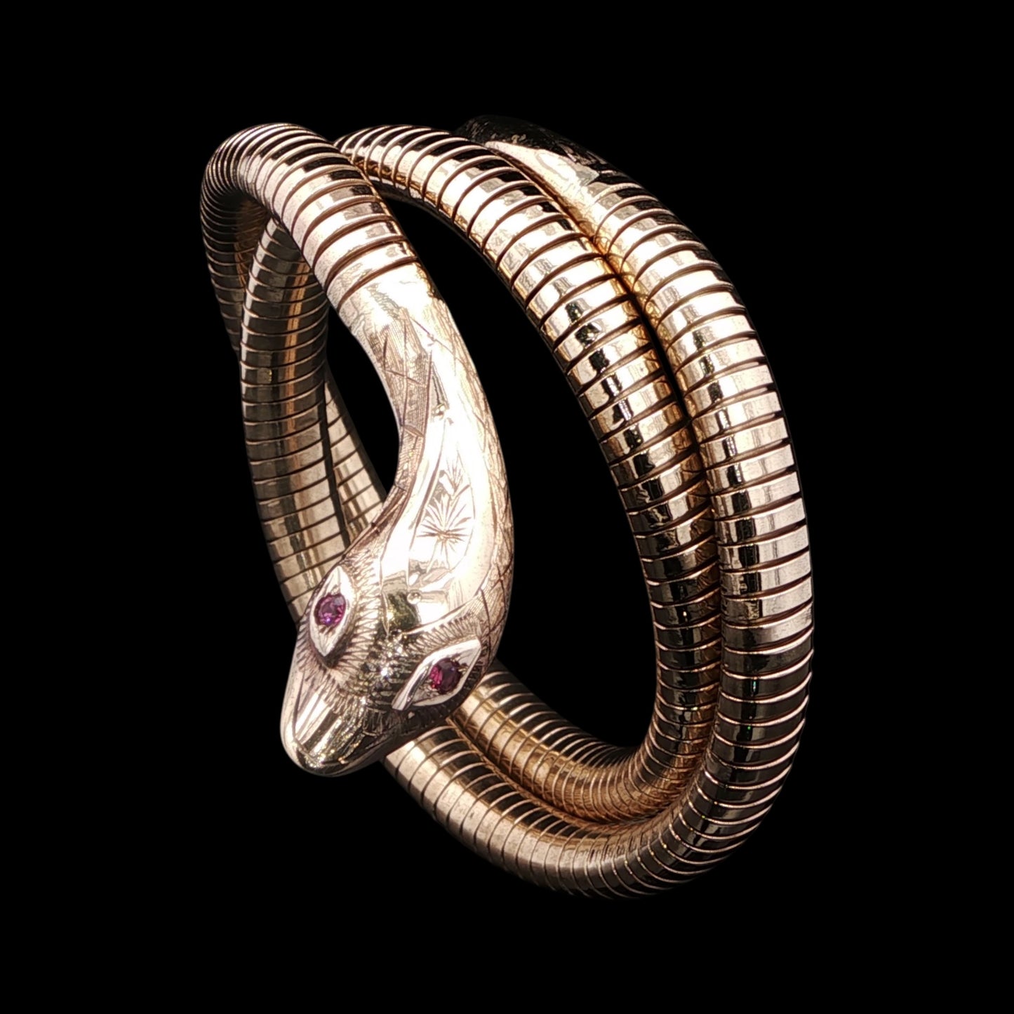 9ct Yellow Gold Mid-20th Century Snake Bracelet with Ruby Eyes