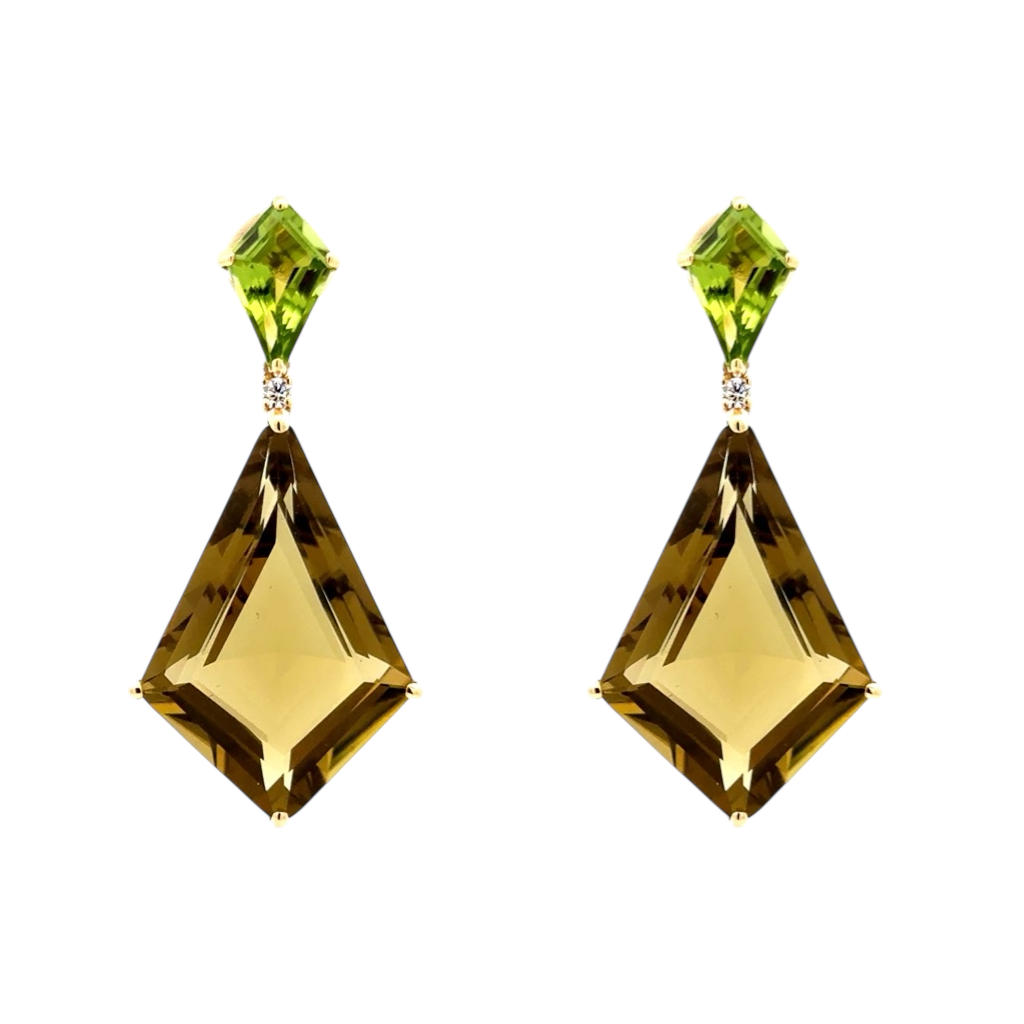 18ct Yellow Gold Olive Quartz, Peridot and Diamond Drop Earrings