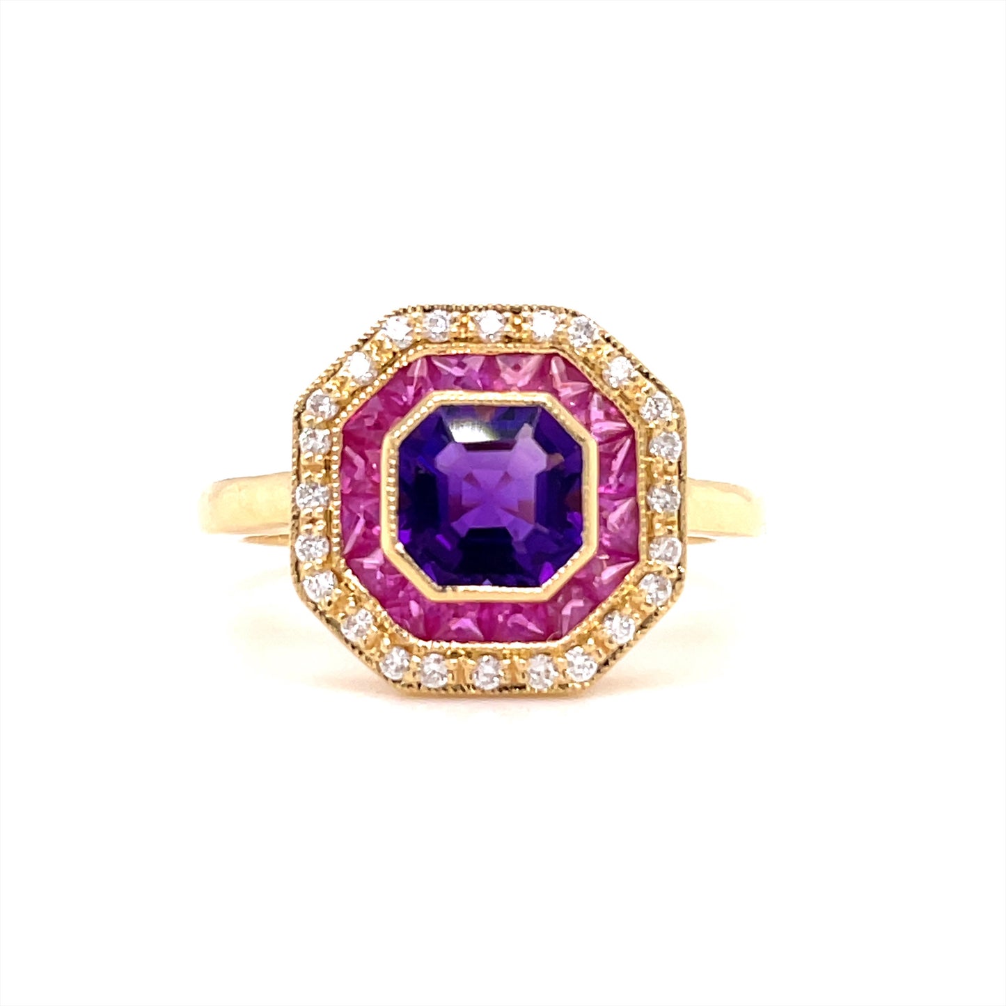 18ct Yellow Gold Amethyst Ruby and Diamond Halo Ring