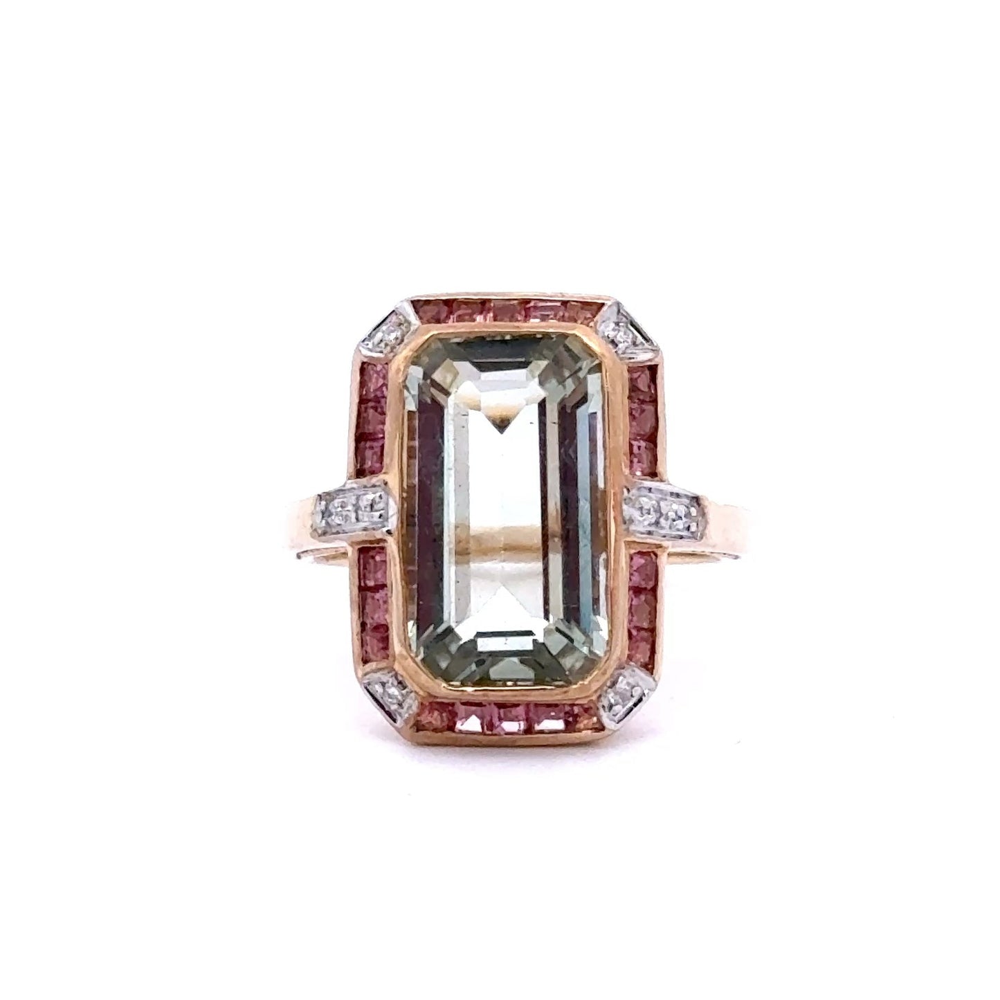 9ct Yellow Gold Green Amethyst, Pink Tourmaline and Diamond Ring