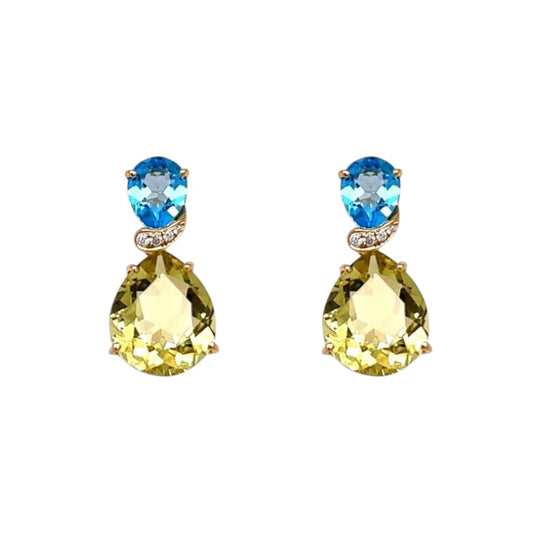 18ct Yellow Gold Lemon Quartz Blue Topaz and Diamond Drop Earrings