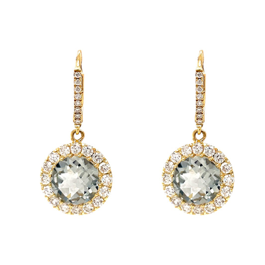 18ct Yellow Gold Green Amethyst and Diamond Drop Earrings