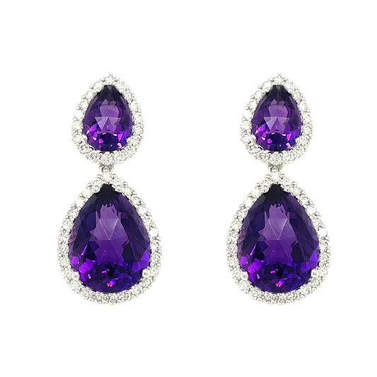 18ct White Gold Amethyst and Diamond Drop Earrings