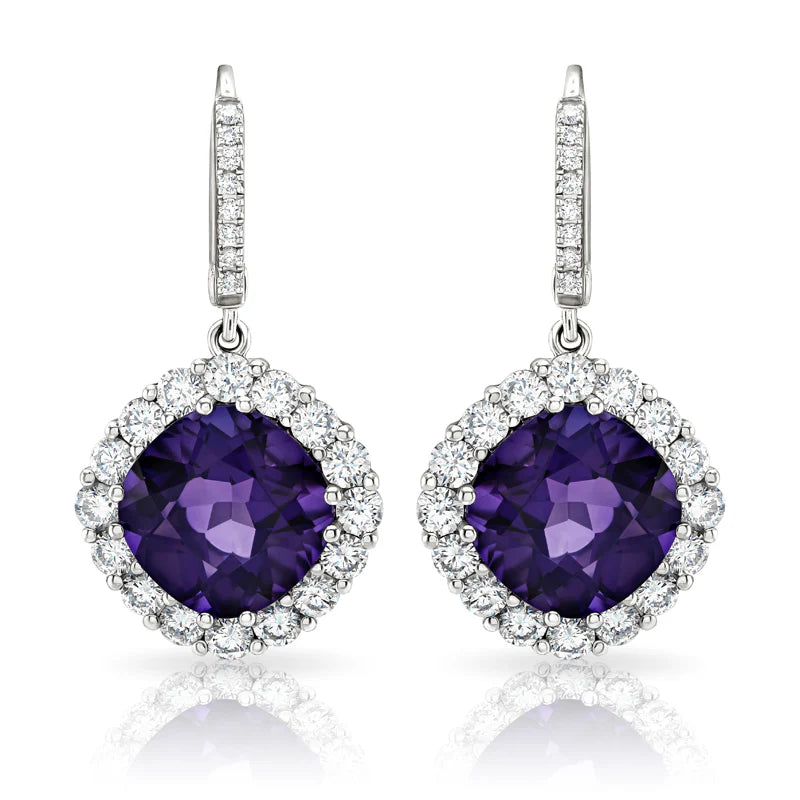 18ct White Gold Amethyst and Diamond Drop Earrings
