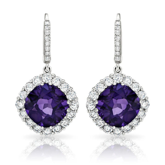 18ct White Gold Amethyst and Diamond Drop Earrings