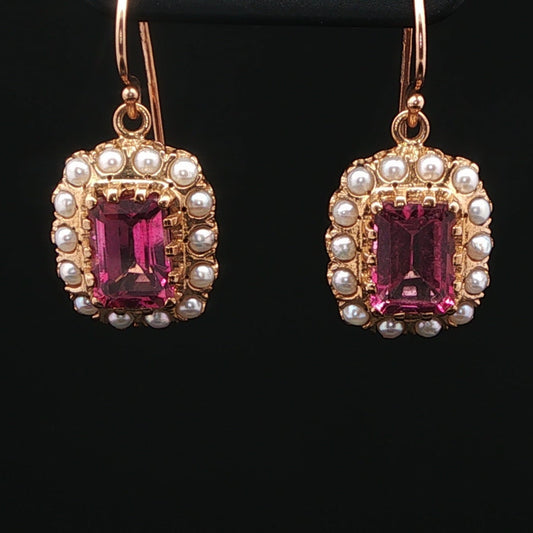 9 ct Yellow Gold Pink Tourmaline & Seed Pearl Drop Earrings