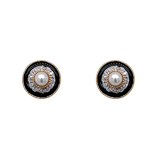9ct Yellow Gold Pearl Onyx and Diamond Stud Earrings