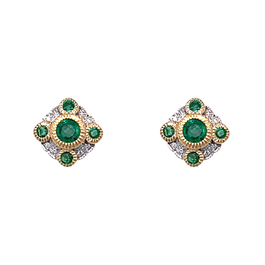 9ct Yellow Gold Emerald and Diamond Stud Earrings