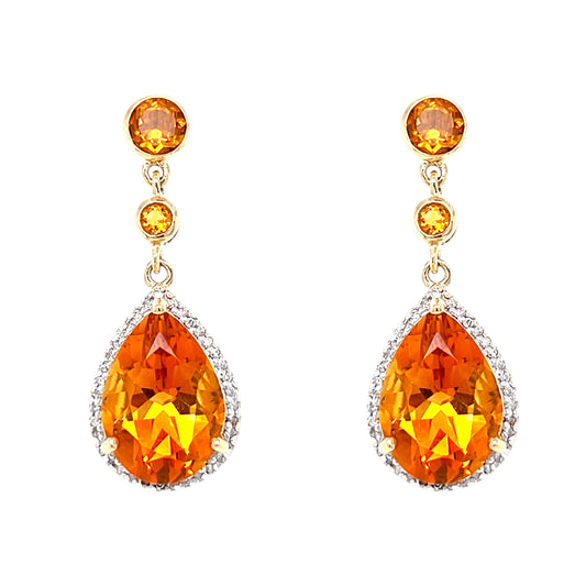9ct Yellow Gold Citrine and Diamond Drop Earrings