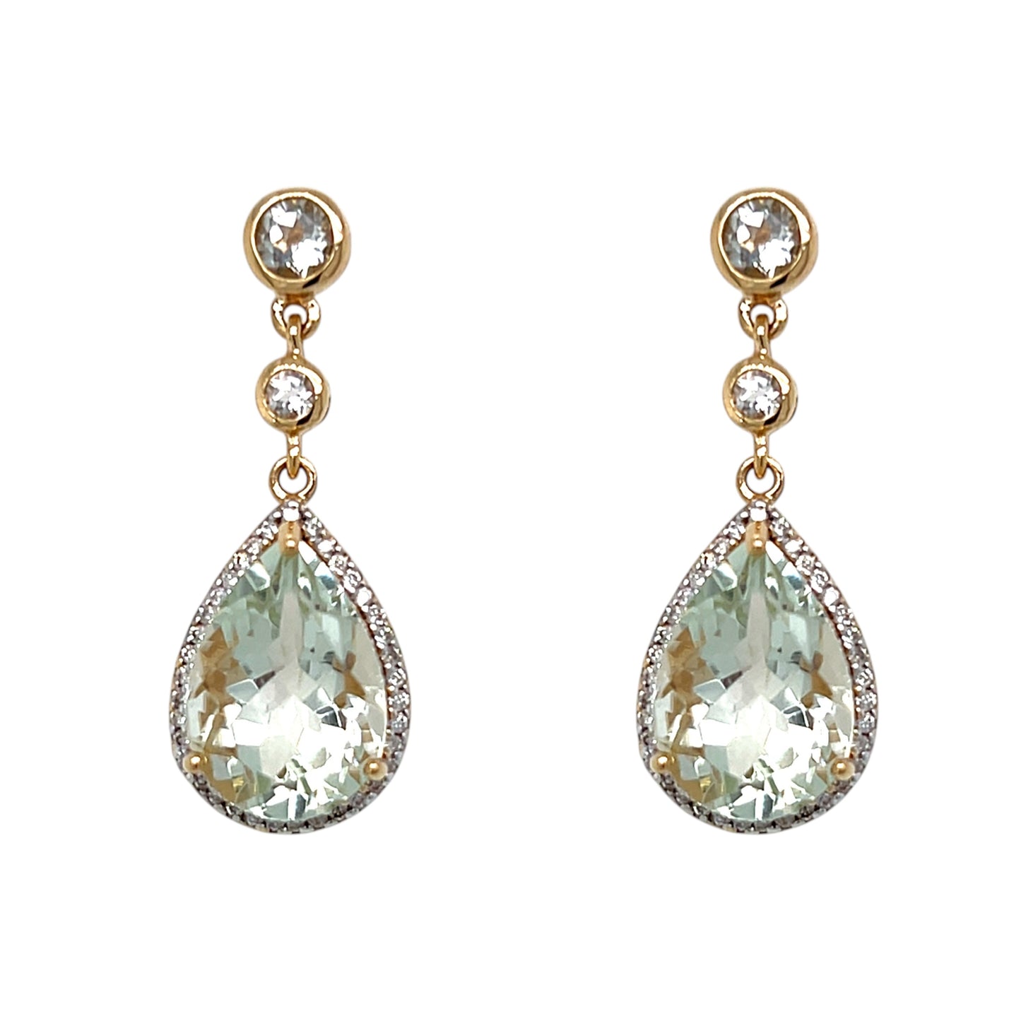 9ct Yellow Gold Green Amethyst & Diamond Drop Earrings