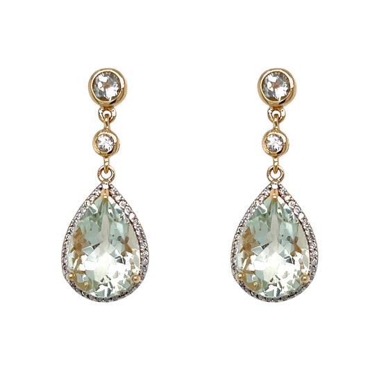 9ct Yellow Gold Green Amethyst & Diamond Drop Earrings