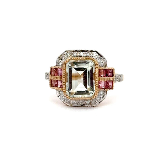 9ct Yellow Gold Green Amethyst Pink Tourmaline and Diamond Ring