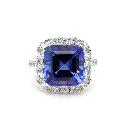 18ct White Gold Tanzanite and Diamond Halo Ring