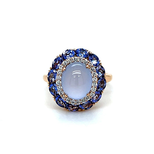 18ct Yellow Gold Blue Chalcedony, Tanzanite and Diamond