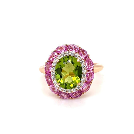 18ct Yellow Gold Peridot, Pink Sapphire & Diamond Ring