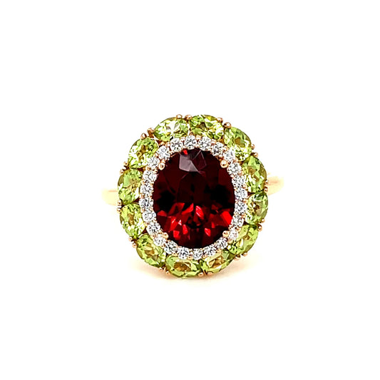 18ct Yellow Gold Garnet, Peridot and Diamond Ring