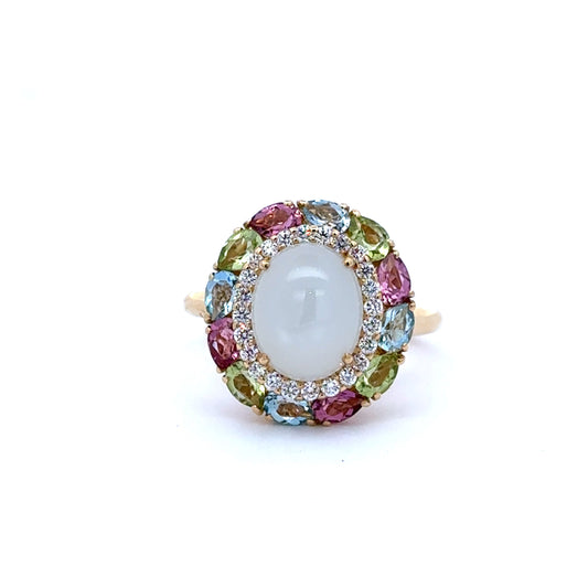 18ct Yellow Gold Moonstone, Aquamarine, Pink Tourmaline, Peridot and Diamond Ring