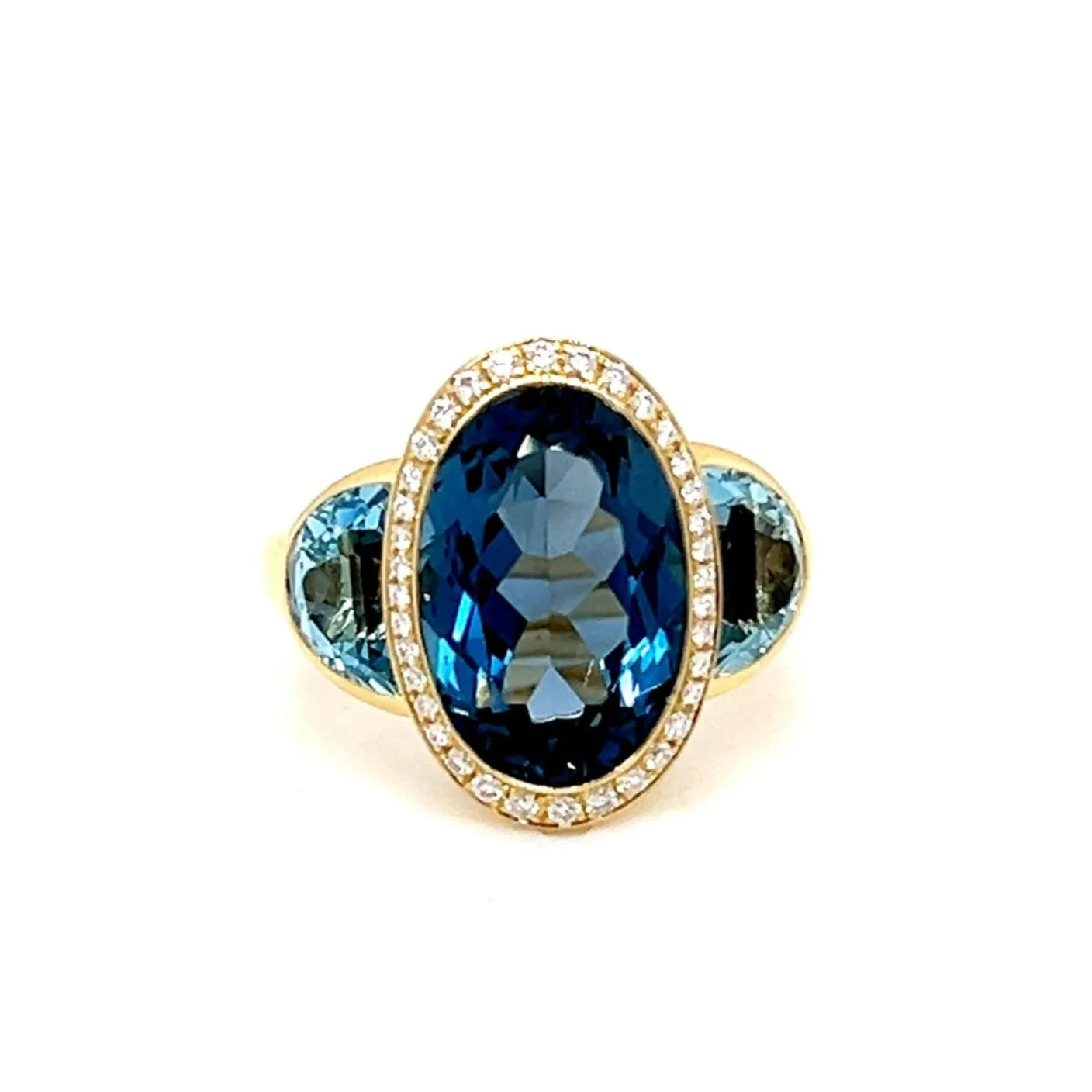 18ct Yellow Gold Blue Topaz, London Blue Topaz and Diamond Ring