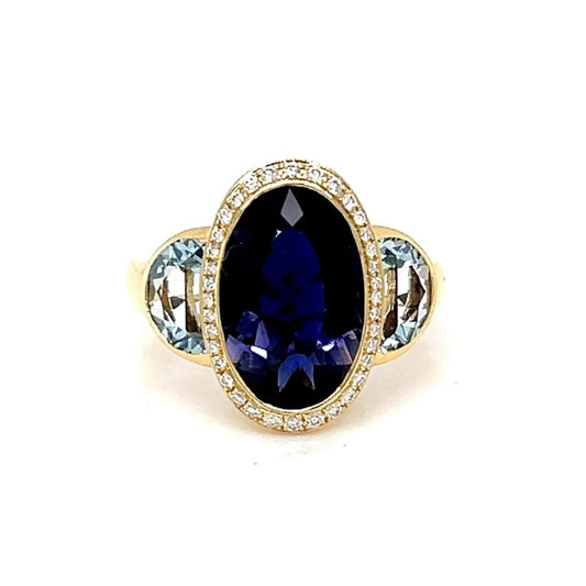 18ct Yellow Gold Iolite, Blue Topaz & Diamond Ring