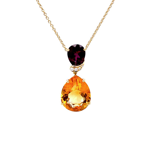 18ct Yellow Gold Citrine, Garnet and Diamond Pendant
