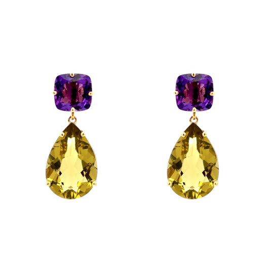 18ct Yellow Gold Olive Quartz & Amethyst Drop Earrings