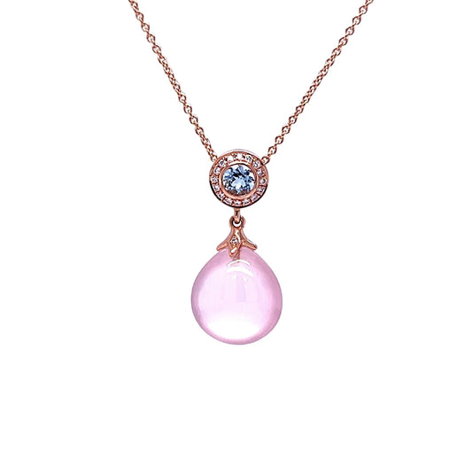 18ct Rose Gold Rose Quartz, Aquamarine and Diamond Pendant Necklace