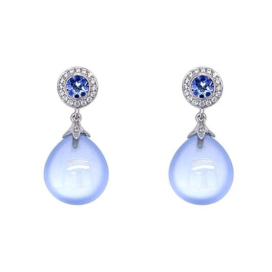 18ct White Gold Blue Chalcedony Tanzanite and Diamond Drop Earrings