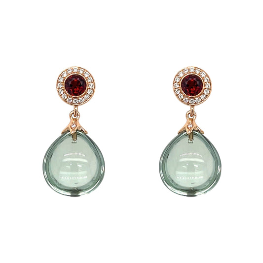 18ct Rose Gold Green Amethyst, Garnet & Diamond Drop Earrings