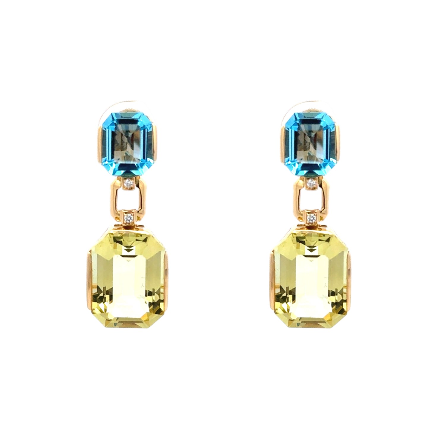 18ct Yellow Gold Lemon Quartz, Blue Topaz & Diamond Drop Earrings