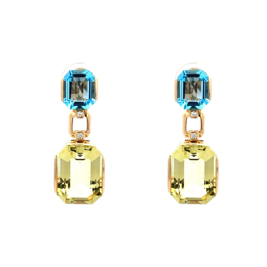 18ct Yellow Gold Lemon Quartz, Blue Topaz & Diamond Drop Earrings