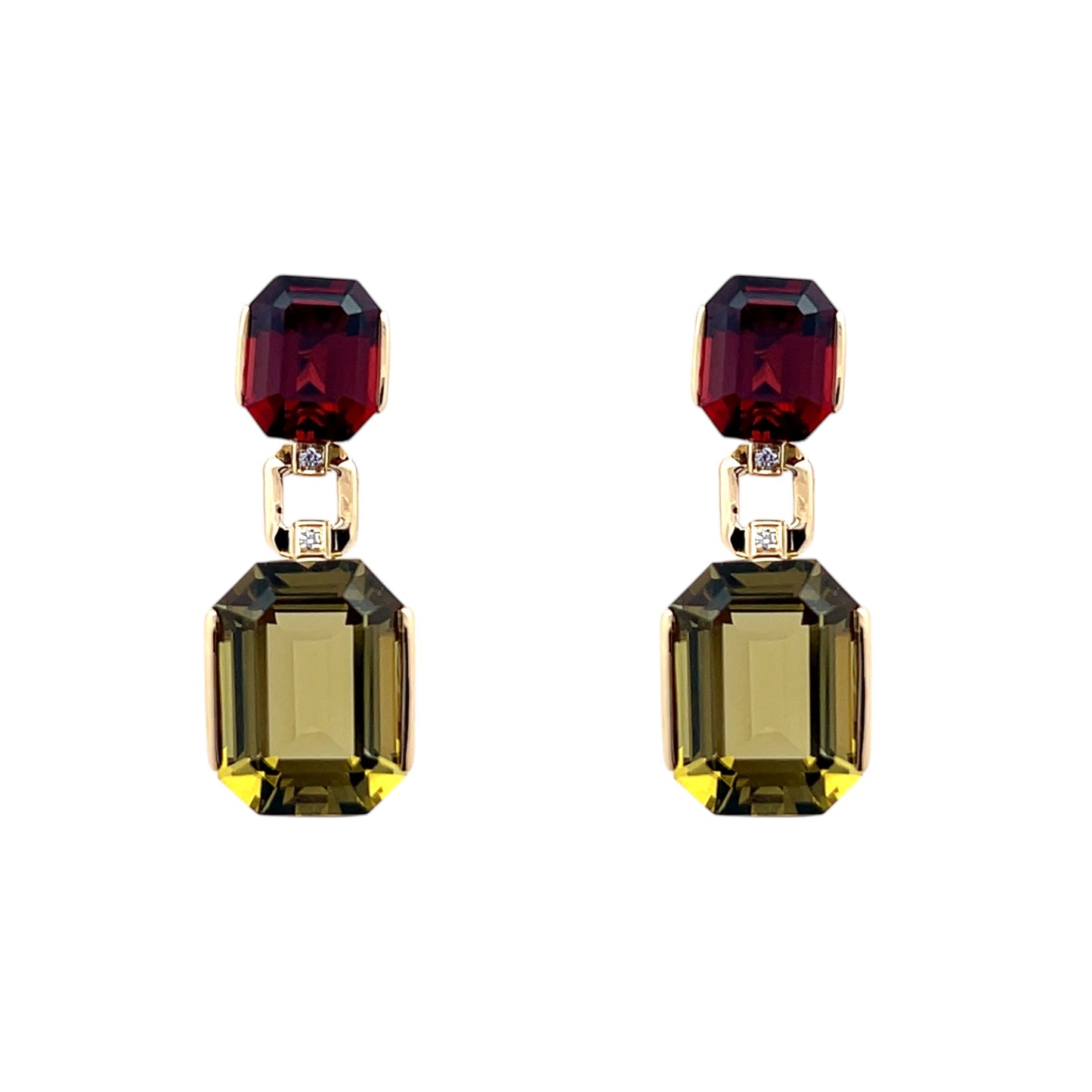 18ct Yellow Gold Olive Quartz, Garnet & Diamond Drop Earrings