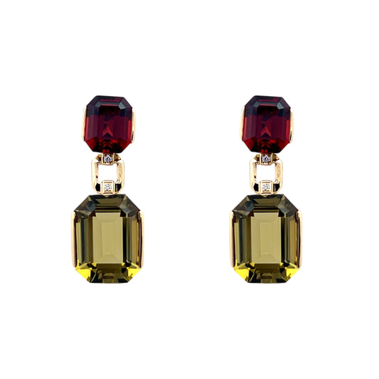18ct Yellow Gold Olive Quartz, Garnet & Diamond Drop Earrings