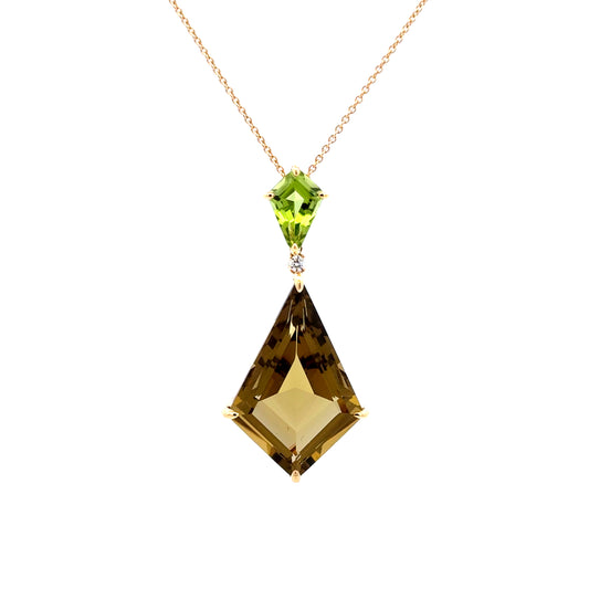 18ct Yellow Gold Olive Quartz, Peridot & Diamond Pendant