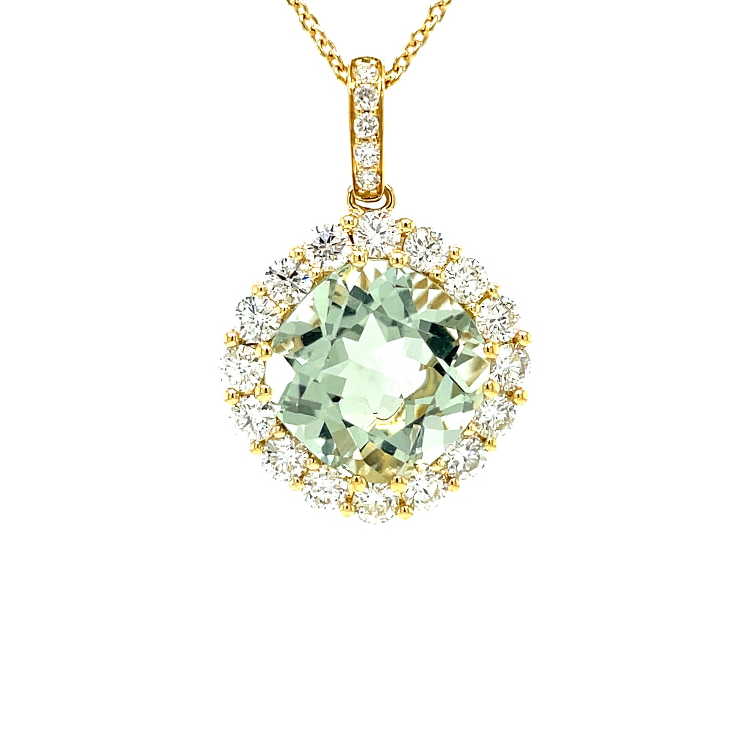 18ct Yellow Gold Green Amethyst and Diamond Halo Pendant Necklace