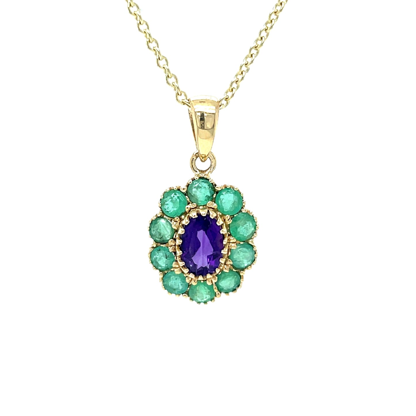9ct Yellow Gold Amethyst and Emerald Floral Cluster Pendant