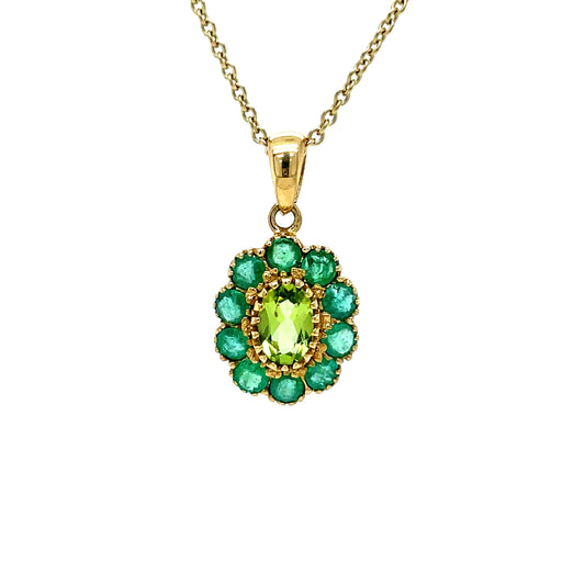 9ct Yellow Gold Peridot and Emerald Floral Cluster Pendant