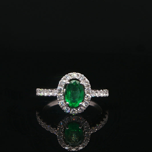 18ct White Gold Emerald & Diamond Halo Ring