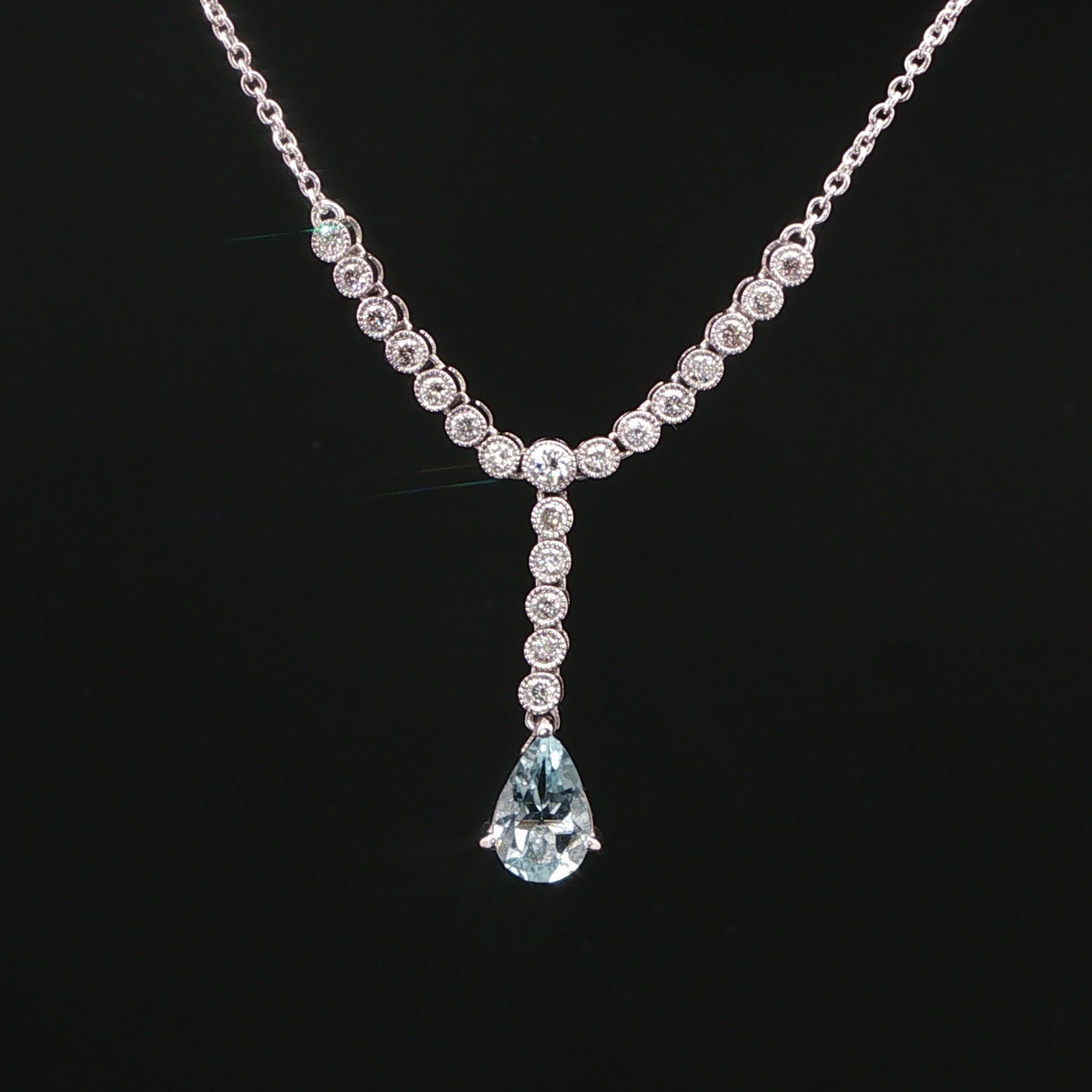 18ct White Gold Aquamarine and  Diamond Drop Necklace