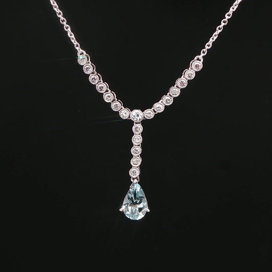 18ct White Gold Aquamarine and  Diamond Drop Necklace