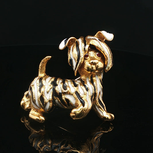 18ct Yellow Gold & Enamel Dog Brooch