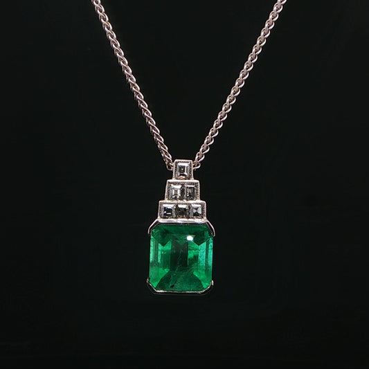 Art Deco-Style Platinum  Emerald and Diamond Pendant