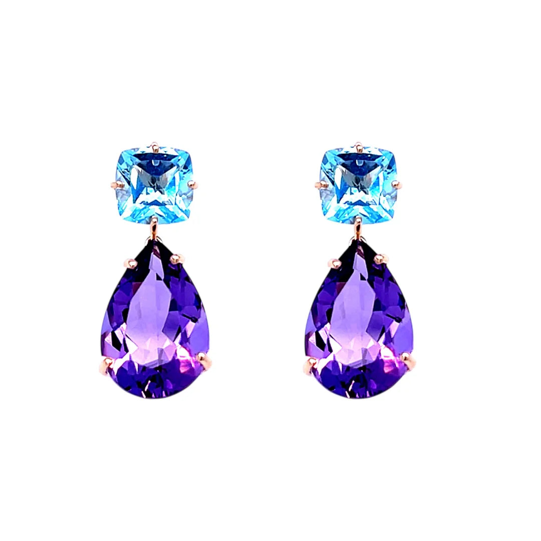 18ct Rose Gold Amethyst and Blue Topaz Drop Earrings