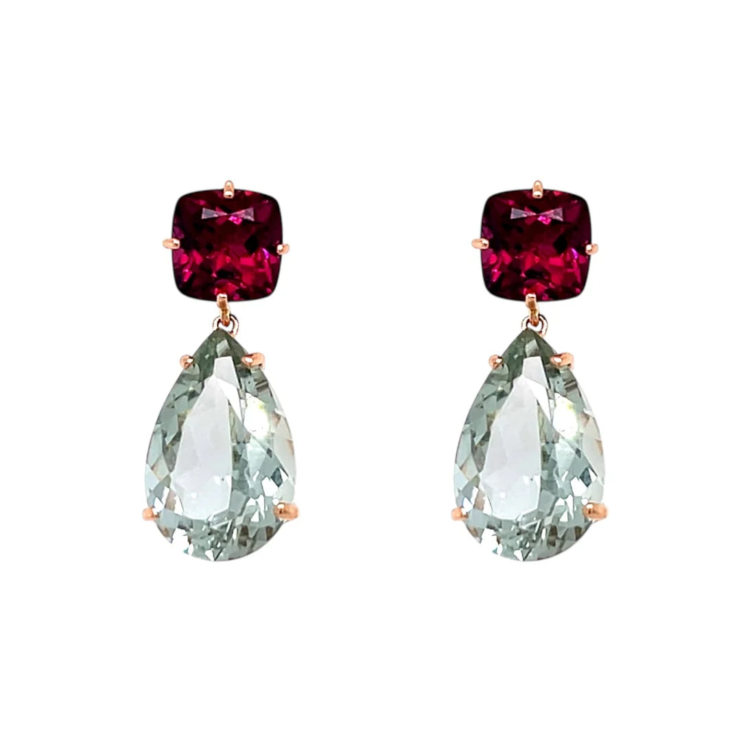 18ct Rose Gold Green Amethyst and Garnet Drop Earrings